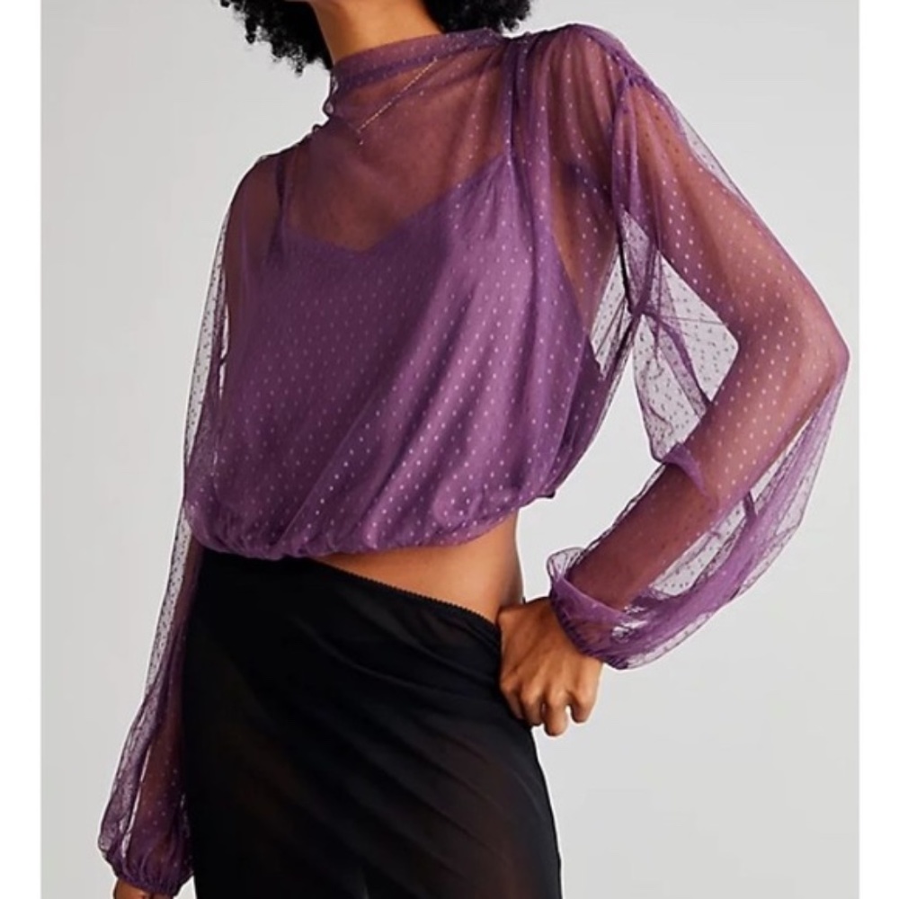 Free People Women Ellie Sheer Mesh Long Sleeve Crop Blouse Top - NWT - SMALL